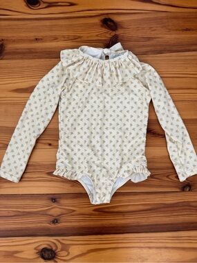 Edgehill Collection Cream Floral Ruffle Long Sleeve One-Piece bathing suit